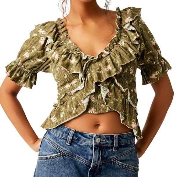 Free People Favorite Girl Top Army Combo Floral Garden Party Boho Size Medium - Picture 1 of 5